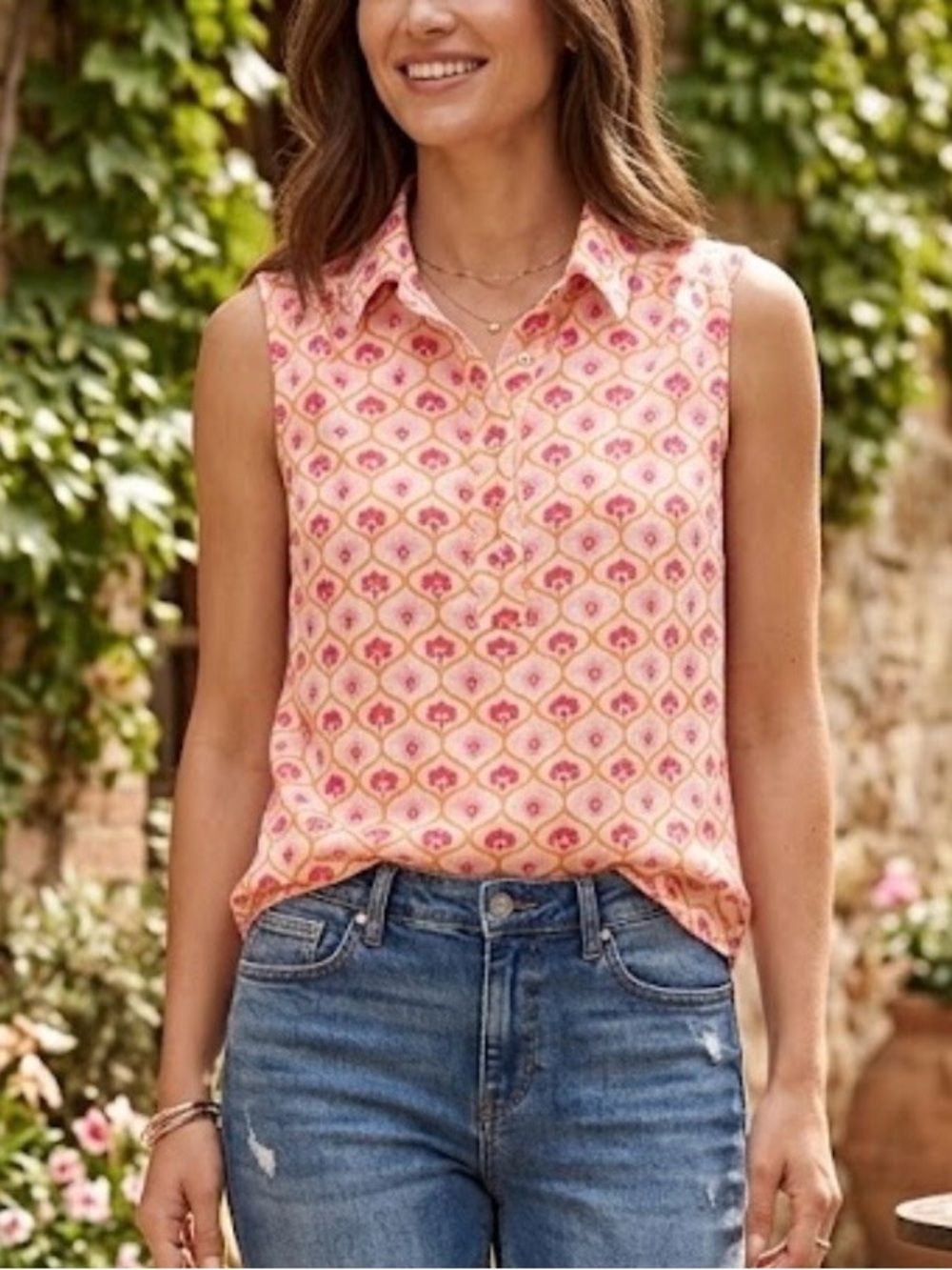 Cabi Flower Row Bungalow Top sleeveless collared button front cottagecore S